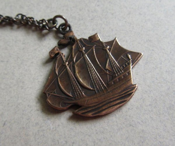 1930's UK Half Penny Tall Ship Pendant Necklace George VI  Sailing 