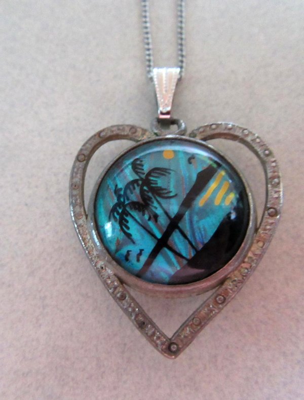 Vintage Butterfly Wing Palm Tree Necklace Flamingos on Reverse