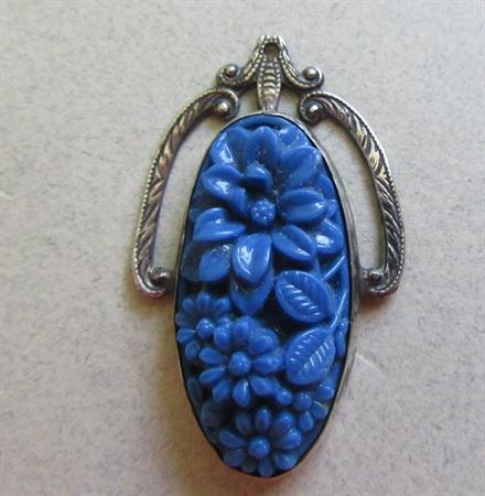 1930's Blue Molded Glass Floral Pendant Jewelry Making Destash Vintage Jewelry