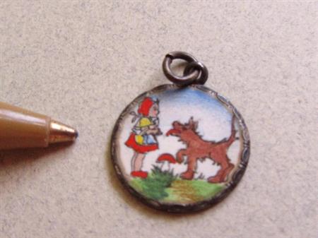 Vintage 800 Silver Enamel Pendant or Charm Little Red Riding Hood ? and Wolf  With Mushroom Fine Jewelry