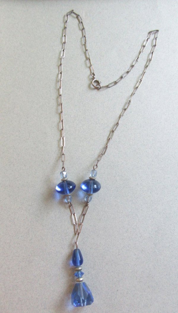 1990's Sterling Silver Y Necklace Blue Glass Fine Jewelry