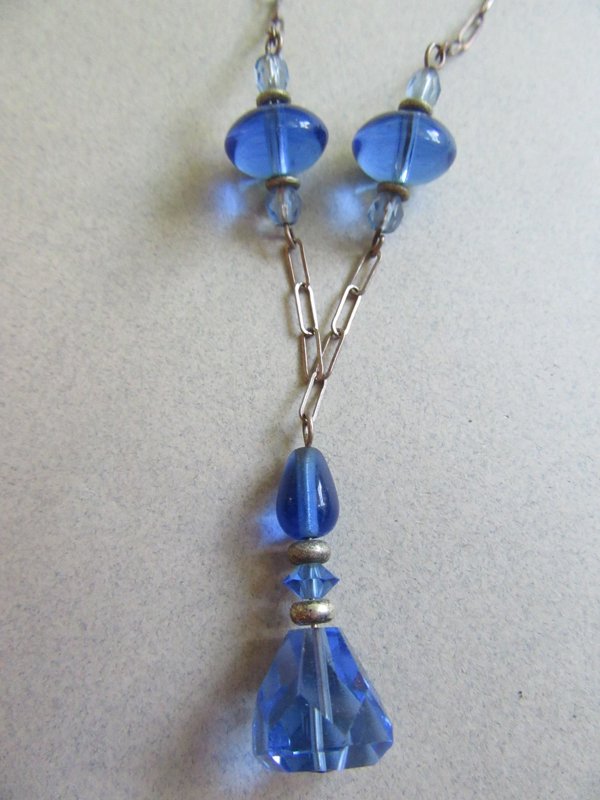 1990's Sterling Silver Y Necklace Blue Glass Fine Jewelry