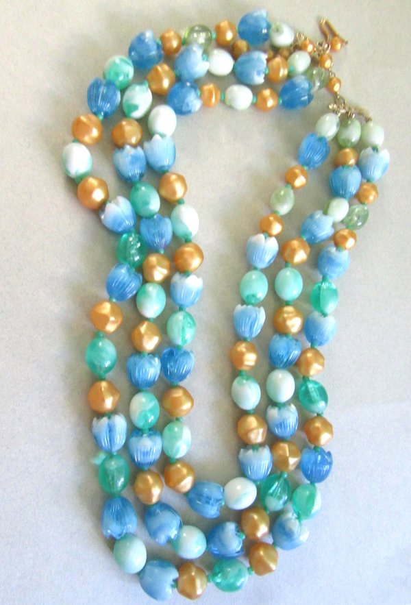 1950's Necklace Blue Tulip Beads Vintage Jewelry 