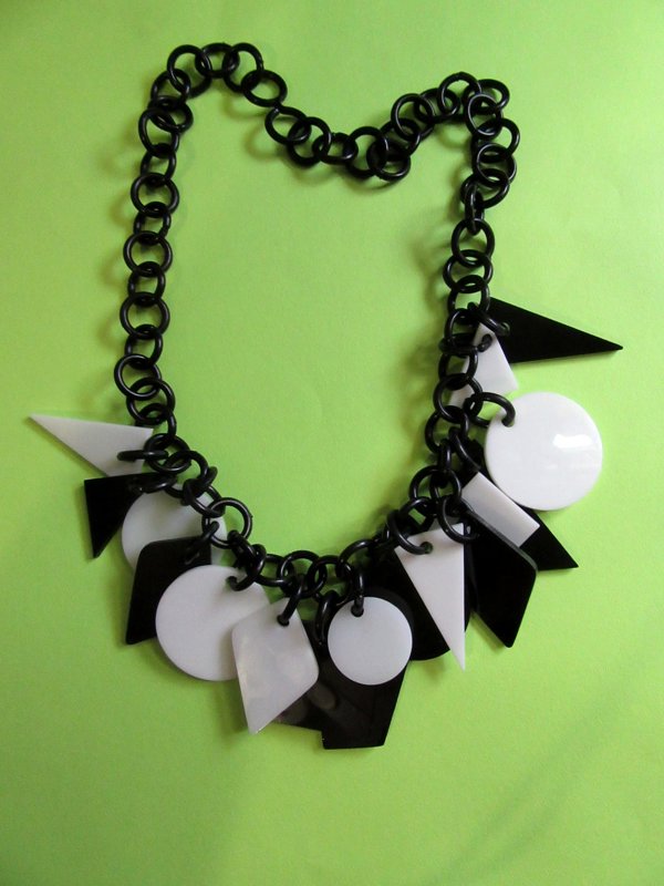 Vintage Lucite Charm Necklace Black and White Jewelry