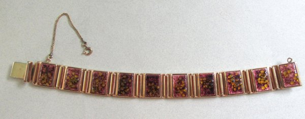 Vintage Mid Century Bracelet Purple Amber Enameled Panels Gold Wash Quality Made 