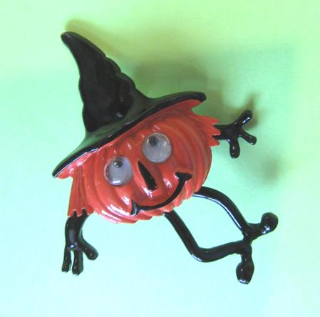 Anthropomorphic Pumpkin Witch  Pin Articulated Google Eyes Googly Figural Halloween Vintage Costume Jewelry