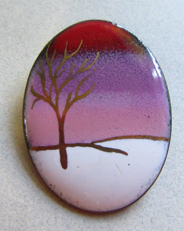 Enameled Copper Winter Sunset Pin Vintage Jewelry
