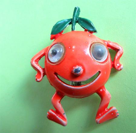 Anthropomorphic Happy Orange Google Eyes Pin AS IS Googley Googly Figural Vintage Costume Jewelry Fruit