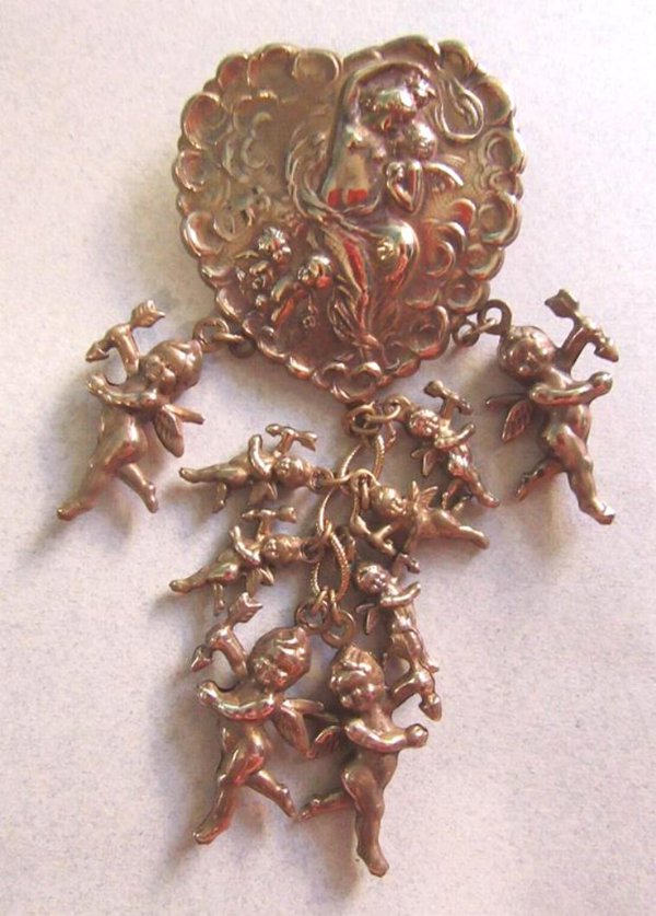 Victorian Style Heart Cupids Pin Nude Woman Valentines Day Jewelry