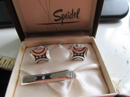 Vintage Mid Century Speidel Rhinestone Cufflinks And Tie Clip Set In Box Men's Jewelry Cuff Links Shirt Accessories