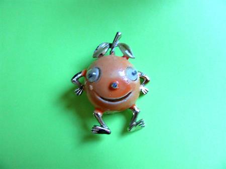 Anthropomorphic Happy Orange Google Eyes Pin Googley Googly Figural Vintage Costume Jewelry Fruit