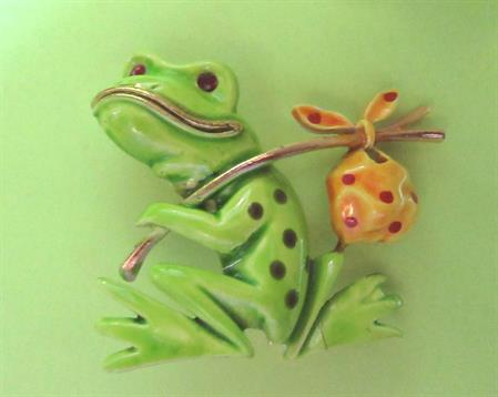 Vintage Anthropomorphic Frog Pin Signed Lind Gal LG Running Away From Home Or Moving Costume Jewelry Figural