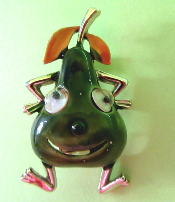 Vintage Anthropomorphic Pear Pin Google Eyes Signed JJ