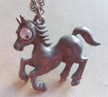 Anthropomorphic Vintage Google Eyes Horse Unsigned JJ Pendant Necklace Googly Googley Costume Jewelry Figural Old Stock