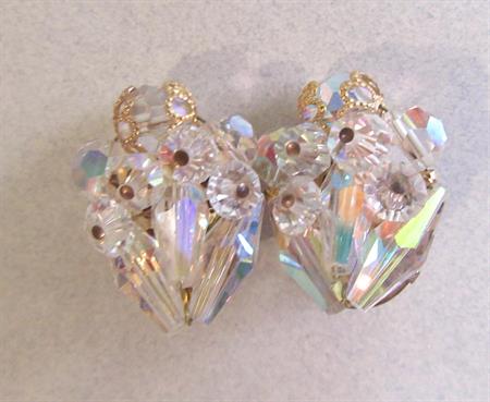 1950's Mid Century Crystal Cluster Clip On Earrings Aurora Borealis Vintage Costume Jewelry '50's Fashion