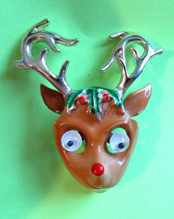 Vintage Anthropomorphic Reindeer Pin Google Eyes B.J. Signed
