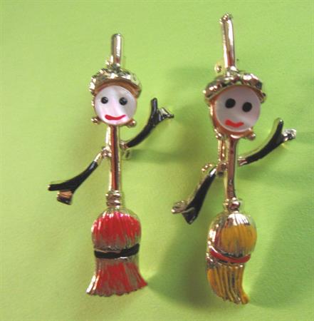 Anthropomorphic Happy Dancing Broom Scatter Pins Set Vintage Costume Jewelry Figural