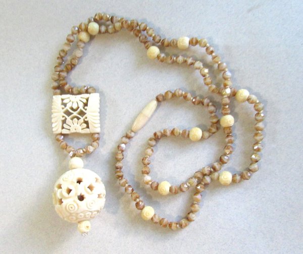 Vintage Carved Bone and Glass Necklace