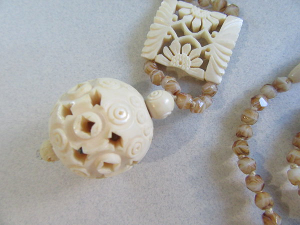 Vintage Carved Bone and Glass Necklace