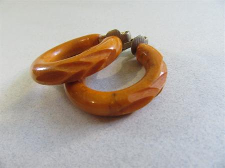 Bakelite Carved Peanut Butter Hoop Clip Earrings Vintage Costume Jewelry