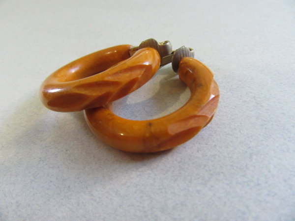 Bakelite Carved  Earrings Peanut Butter Vintage Jewelry