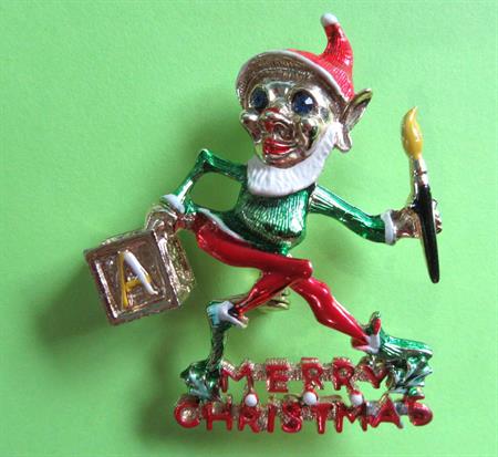 Vintage Elf Pin Santa's Helper Articulated Artist Christmas Holiday Signed BJ Vintage Costume Jewelry Pixie Sprite Elves