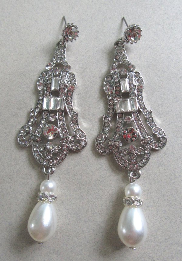 Art Deco Style Rhinestone Pearl Earrings 