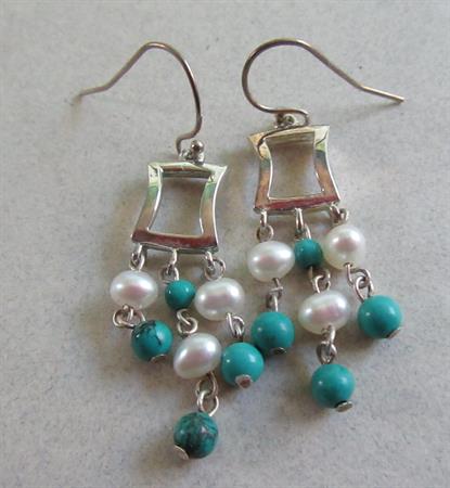 Sterling Silver Fresh Water Pearl Turquoise Pierced Earrings Fine Jewelry Gifts For Her