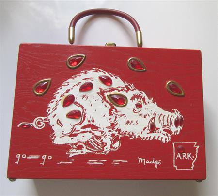 Vintage Rare Arkansas Razorbacks Baseball Jeweled Wooden Box Purse Lipstick Red Go Go Madge! Handbags Purses
