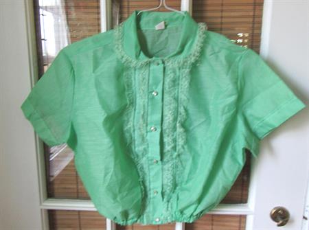 Early 1960's Green Cotton and Lace Semi Sheer Cropped Blouse Unworn Old Stock Ladies Vintage Clothing