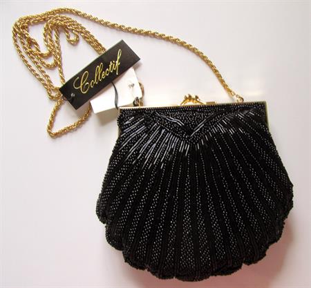 Vintage 1990's Black Glass Beaded Clamshell Purse Art Deco Style Unused Mint Shape With Tags Gatsby Party Accessories