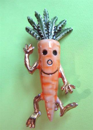 Anthropomorphic Dancing Carrot Pin Figural Vintage Costume Jewelry Veggie 