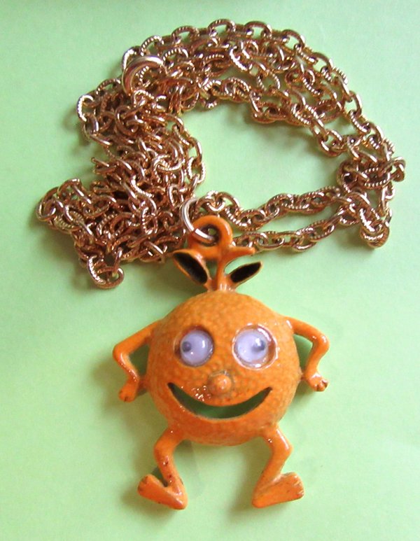 Anthropomorphic Google Eyes Orange Necklace Vintage Jewelry 