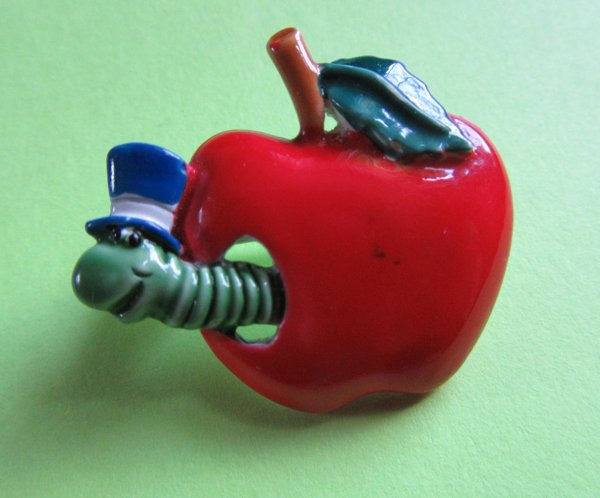 Vintage Anthropomorphic Apple Worm Pin Signed JJ 
