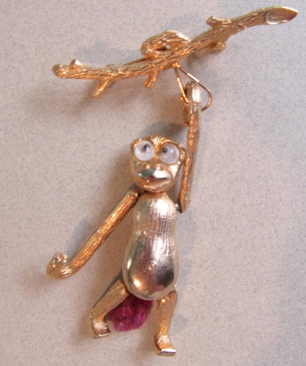 Vintage Anthropomorphic Monkey Pin Google Eyes Signed PAN