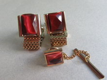  Vintage Red Cufflinks Tac Set Mens Jewelry 
