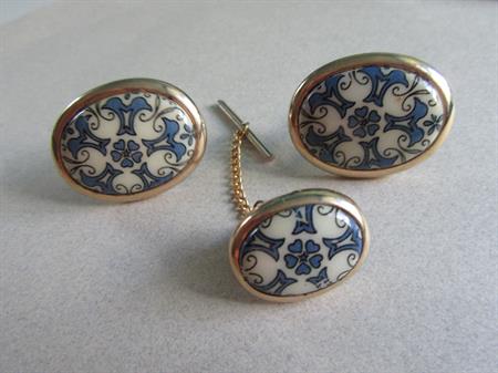 Vintage 1970's Transfer Blue and White Cufflinks Set Tie Tac Men's Jewelry Shirt Accessories