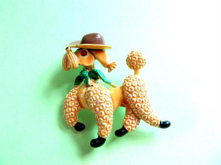 Anthropomorphic Poodle Pin JJ Jonette  Dark Yellow Cowboy Hat Vintage Costume Jewelry Figural Country Western