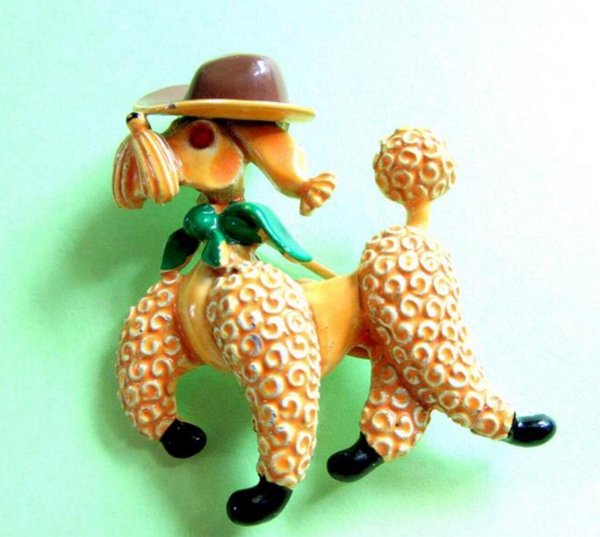 Anthropomorphic Poodle Pin Signed JJ Cowboy Vintage Jewelry 