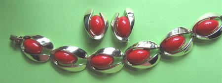 Vintage Bakelite Mid Century Modern Red Bracelet Earrings Set Charel Mid Century Modern MCM Signed Costume Jewelry