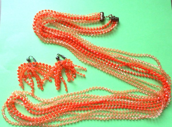 1960's Mod Orange Necklace Set Multi Strand Vintage Jewelry