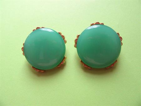 1950's Green Lucite Button Clip On Earrings Signed Star Vintage Costume Jewelry