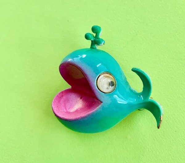 Vintage Anthropomorphic Whale Pin Google Eyes Signed JJ