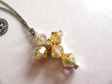 Vintage Yellow Crystal  Cross Necklace Religious Christian Catholic