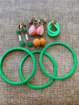 1960's Mod Jewelry Lot Apple Green Bangles Clip On Earrings Vintage Costume Jewelry