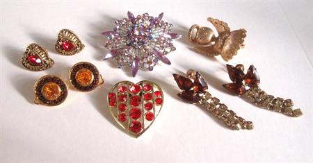 Vintage Rhinestone Pin and Earrings Lot Plus Free Brooch Costume Jewelry Red Rhinestone Coro Screwback