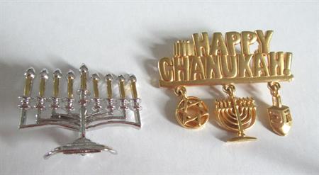 Happy Chanukah Charms Pin Signed JJ  and Menorah Pin Jewish Judea Costume Jewelry