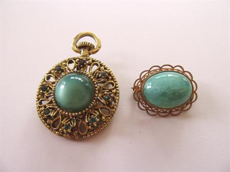 Vintage Green Glass Cabochon 1920's Pin and Green Lucite cabochon Gerry's clock Pin Costume Jewelry