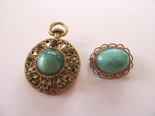 Vintage Green Glass and Lucite  Pins Gerry's Signed  Jewelry