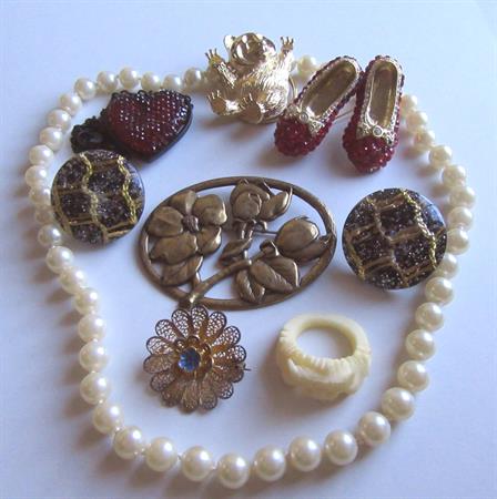 Vintage Jewelry Lot Pins Bone Ring 1950's Clip Earrings Glass Faux Pearls Oz Ruby Slippers Brooch